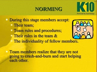 NORMING <ul><li>During this stage members accept: </li></ul><ul><ul><li>Their team; </li></ul></ul><ul><ul><li>Team rules ...