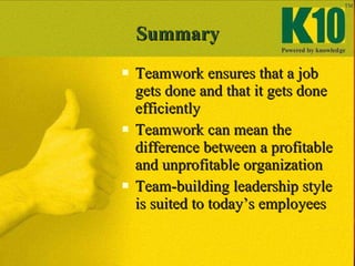 Summary <ul><li>Teamwork ensures that a job gets done and that it gets done efficiently </li></ul><ul><li>Teamwork can mea...