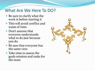 What Are We Here To DO?Be sure to clarify what the work is before starting itThis will avoid conflict and waste of timeDon’t assume that everyone understands what to do just because you do.Be sure that everyone has the same viewTake time to assess the goals mission and tasks for the team