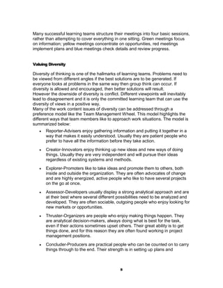 Many successful learning teams structure their meetings into four basic sessions,
rather than attempting to cover everything in one sitting. Green meetings focus
on information; yellow meetings concentrate on opportunities, red meetings
implement plans and blue meetings check details and review progress.


Valuing Diversity

Diversity of thinking is one of the hallmarks of learning teams. Problems need to
be viewed from different angles if the best solutions are to be generated. If
everyone looks at problems in the same way then group think can occur. If
diversity is allowed and encouraged, then better solutions will result.
However the downside of diversity is conflict. Different viewpoints will inevitably
lead to disagreement and it is only the committed learning team that can use the
diversity of views in a positive way.
Many of the work content issues of diversity can be addressed through a
preference model like the Team Management Wheel. This model highlights the
different ways that team members like to approach work situations. The model is
summarized below:
      Reporter-Advisers enjoy gathering information and putting it together in a
       way that makes it easily understood. Usually they are patient people who
       prefer to have all the information before they take action.
      Creator-Innovators enjoy thinking up new ideas and new ways of doing
       things. Usually they are very independent and will pursue their ideas
       regardless of existing systems and methods.
      Explorer-Promoters like to take ideas and promote them to others, both
       inside and outside the organization. They are often advocates of change
       and are highly energized, active people who like to have several projects
       on the go at once.
      Assessor-Developers usually display a strong analytical approach and are
       at their best where several different possibilities need to be analyzed and
       developed. They are often sociable, outgoing people who enjoy looking for
       new markets or opportunities.
      Thruster-Organizers are people who enjoy making things happen. They
       are analytical decision-makers, always doing what is best for the task,
       even if their actions sometimes upset others. Their great ability is to get
       things done, and for this reason they are often found working in project
       management positions.
      Concluder-Producers are practical people who can be counted on to carry
       things through to the end. Their strength is in setting up plans and



                                               8
 