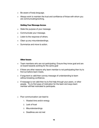    Be aware of body language.
   Always work to maintain the trust and confidence of those with whom you
    are communicating/working.


    Getting Your Message Across

   State the purpose of your message.
   Communicate your message.
   Listen to the response of others.
   Clear up any misunderstandings.
   Summarize and move to action.




    Other Issues

   Team members who are not participating: Ensure they know goal and are
    on board towards working for the same goal
   If there are other reasons why team member is not participating then try to
    find out before team meets.
   If argument is valid then convey message of understanding to team
    without breaking confidence.
   If message is not valid then try to find help through your peers, or other
    people. Try to find ways of motivation for the team and ways team
    member will feel motivated to participate.




   Poor communication can lead to:
       1. Wasted time and/or energy

       2. Lack of trust

       3. Misunderstandings

       4. Deadlines are not met



                                           15
 