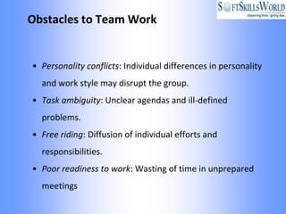 Obstacles to Team Work


• Personality conflicts: Individual differences in personality
  and work style may disrupt the group.
• Task ambiguity: Unclear agendas and ill-defined
  problems.
• Free riding: Diffusion of individual efforts and
  responsibilities.
• Poor readiness to work: Wasting of time in unprepared
  meetings
 