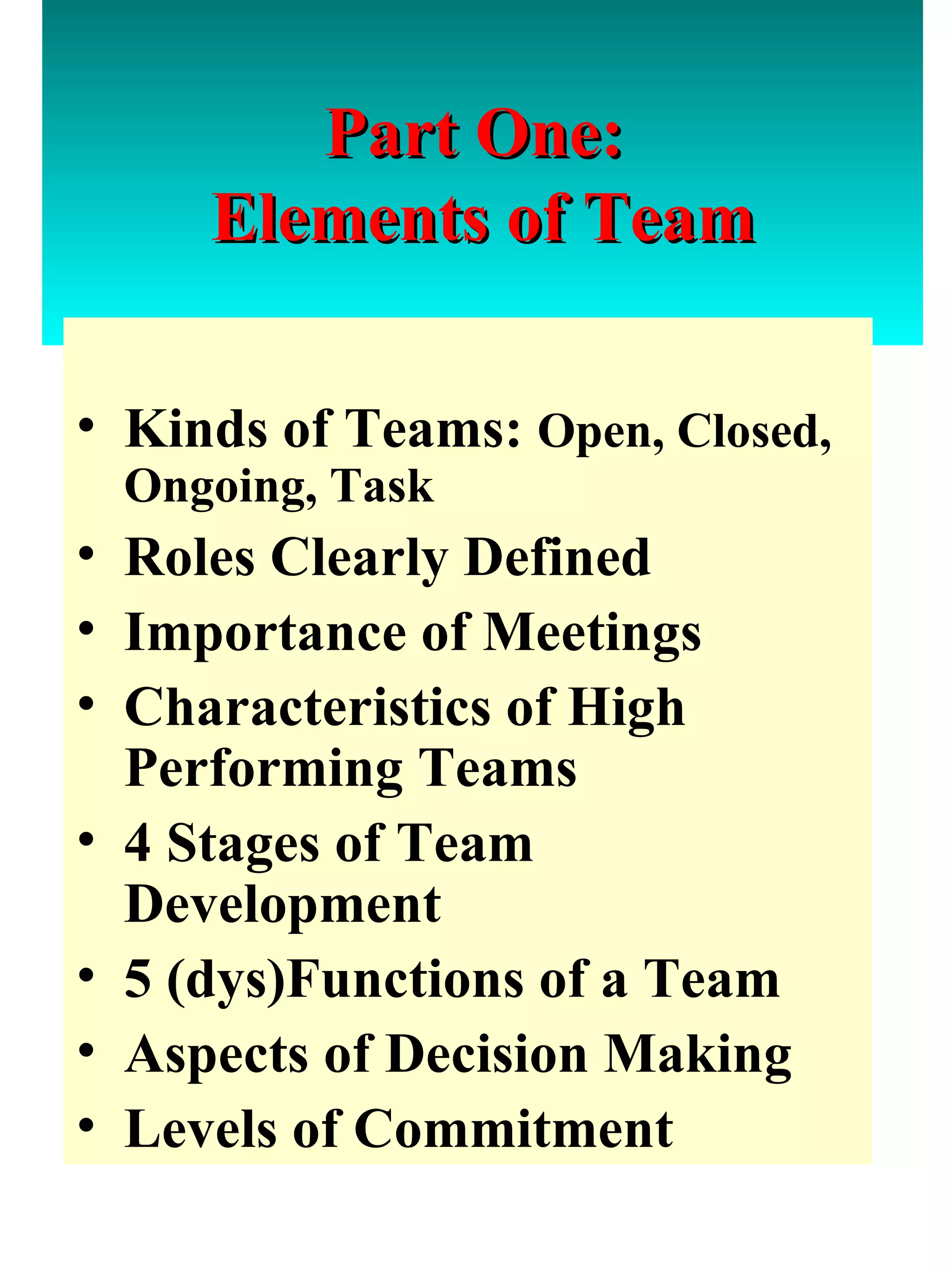 Part One:  Elements of Team Kinds of Teams:  Open, Closed, Ongoing, Task  Roles Clearly Defined Importance of Meetings Characteristics of High Performing Teams  4 Stages of Team Development 5 (dys)Functions of a Team Aspects of Decision Making Levels of Commitment 
