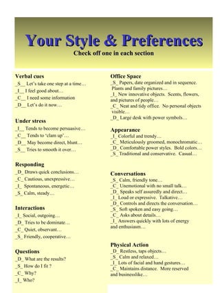 Your Style & Preferences Check off one in each section Verbal cues _S__ Let’s take one step at a time… _I__ I feel good about… _C__ I need some information _D__ Let’s do it now… Under stress _I__ Tends to become persuasive… _C__ Tends to ‘clam up’… _D__ May become direct, blunt… _S__ Tries to smooth it over… Responding _D_ Draws quick conclusions… _C_ Cautious, unexpressive… _I_  Spontaneous, energetic… _S_ Calm, steady… Interactions _I_ Social, outgoing… _D_ Tries to be dominate… _C_ Quiet, observant… _S_ Friendly, cooperative… Questions _D_ What are the results? _S_ How do I fit ? _C_ Why? _I_ Who? Office Space _S_ Papers, date organized and in sequence.  Plants and family pictures… _I_ New innovative objects.  Scents, flowers,  and pictures of people… _C_ Neat and tidy office.  No personal objects visible… _D_ Large desk with power symbols… Appearance _I_ Colorful and trendy… _C_ Meticulously groomed, monochromatic… _D_ Comfortable power styles.  Bold colors… _S_ Traditional and conservative.  Casual… Conversations _S_ Calm, friendly tone… _C_ Unemotional with no small talk… _D_ Speaks self assuredly and direct… _I_ Loud or expressive.  Talkative… _D_ Controls and directs the conversation… _S_ Soft spoken and easy going… _C_ Asks about details… _I_ Answers quickly with lots of energy  and enthusiasm… Physical Action _D_ Restless, taps objects… _S_ Calm and relaxed… _I_ Lots of facial and hand gestures… _C_ Maintains distance.  More reserved  and businesslike… 