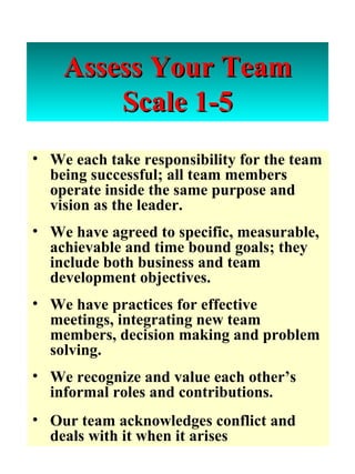 Assess Your Team Scale 1-5 We each take responsibility for the team being successful; all team members operate inside the same purpose and vision as the leader. We have agreed to specific, measurable, achievable and time bound goals; they include both business and team development objectives.  We have practices for effective meetings, integrating new team members, decision making and problem solving. We recognize and value each other’s informal roles and contributions. Our team acknowledges conflict and deals with it when it arises 
