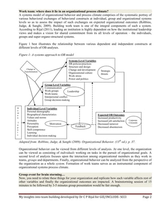 My insights into team building developed by Dr C P Rijal for GIZ/INCLUDE- SCCI Page 2
Work team: where does it lie in an organizational process climate?
A systems model of organizational behavior and process climate comprises of the systematic portray of
various behavioral exchanges of behavioral constructs at individual, group and organizational systems
levels so as to assess the impact of such exchanges on expected organizational outcomes (Robbins,
Judge, & Sanghi, 2009). Building work team is one of the integral components of such a system.
According to Rijal (2011), leading an institution is highly dependent on how the institutional leadership
views and makes a vision for shared commitment from its all levels of operation – the individuals,
groups and super organo-structural systems.
Figure 1 best illustrates the relationship between various dependent and independent constructs at
different levels of OB analyses.
Figure 1: A systems approach to OB model
Adapted from: Robbins, Judge, & Sanghi (2009). Organizational Behavior. (13th
ed.). p. 37.
Organizational behavior can be viewed from different levels of analysis. At one level, the organization
can be viewed as consisting of individuals working on tasks in the pursuit of organizational goals. A
second level of analysis focuses upon the interaction among organizational members as they work in
teams, groups and departments. Finally, organizational behavior can be analyzed from the perspective of
the organization as a whole system. Formation of work teams serves as an instrumental component of
organizational systems process climate.
Group event for brain storming…
Now, you need to relate these things for your organization and replicate how each variable affects rest of
other variables and finally the organizational outcomes are impacted. A brainstorming session of 15
minutes to be followed by 3-5 minutes group presentation would be fair enough.
Individual Level Variables
Personal demography
Biographical characteristics
Values and norms
Attitudes
Personality
Perception
Skill competence
Learning
Individual decision-making
H
u
m
a
n
I
n
p
u
t
s
Motivation
Group Level Variables
Communication
Work groups
Work teams
Interpersonal conflict
Group decision-making
Leadership
Systems Level Variables
HR policies/practices
Structure and design
Change and development
Organizational culture
Work stress
Power and politics
Strategic
thrusts
Change or
Transformation
Expected OB Outcomes
Increased productivity
Increased job satisfaction
Decreased turnover
Decreased absenteeismFeedback
Corporate
Citizenshi
p
 