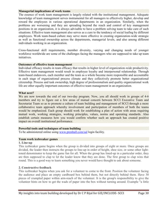 My insights into team building developed by Dr C P Rijal for GIZ/INCLUDE- SCCI Page 30
Managerial implications of work teams
The essence of work team management is largely related with the institutional management. Adequate
knowledge of team management serves instrumental for all managers to effectively higher, develop and
reward the employees in various operational departments in an organization. Similarly, when the
problems are worsening and they are spreading beyond the reach and control of key management
positions in an organization, it is always advisable to have a problem solving team to take care of such
situations. Effective team management also serves as a cure to the tendency of social loafing by different
employees. Work team-based culture may serve more effective in creating organization-wide strategic
as well as functional ownership across the departments, managerial levels, and also among different
individuals working in an organization.
Cross-functional skill requirements, member diversity, varying and changing needs of younger
workforce worldwide are some of the challenges facing the managers who are supposed to take up team
initiatives.
Outcomes of effective team management
Individual efficacy results in team efficacy that results in higher level of organization-wide productivity.
Effective team management would result in employee loyalty and interpersonal relationship. Through
team-based endeavors, each member and the team as a whole become more responsible and accountable
in each stage of organizational process climate and they collectively promote better organizational
citizenship. Process and task ownership, high degree of professionalism and quality organizational work
life are other equally important outcomes of effective team management in an organization.
What next?
We are now towards the end of our two-day program. Now, you all should work in groups of 4-6
members and try to figure out a few areas of mutual concern between SCCI Executive Team and
Secretariat Team so as to promote a culture of team building and management of SCCI through a more
collaborative team approach whereby involvement and participation of members of both the teams
would be emphasized. Each group should work for establishing a plan of action with areas requiring
mutual work, working strategies, working principles, values, norms and operating standards. Also
establish certain measures how you would confirm whether such an approach has created positive
impact on overall institutional performance.
Powerful tools and techniques of team building
To be administered online using www.prenhall.com/sal login facility.
Team work icebreaker games
1. Line-up
This icebreaker game begins when the group is divided into groups of eight or more. Once groups are
divided, the leader then instructs the groups to line-up in order of height, shoe size, or some other light-
toned denominator to keep the game fun for all. When the group has lined-up in a particular order, they
are then supposed to clap to let the leader know that they are done. The first group to clap wins that
round. This is a good way to learn something you never would have thought to ask about someone.
2. Constructive feedback
This icebreaker begins when you ask for a volunteer to come to the front. Position the volunteer facing
the audience and place an empty cardboard box behind them, but not directly behind them. Have 30
pieces of crumpled paper within arm-reach of the volunteer. It is the group's responsibility to give the
volunteer hints on how to get the wads of paper into the box without turning around. Example "a little
 