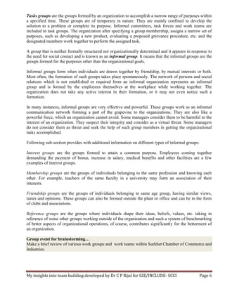 My insights into team building developed by Dr C P Rijal for GIZ/INCLUDE- SCCI Page 6
Tasks groups are the groups formed by an organization to accomplish a narrow range of purposes within
a specified time. These groups are of temporary in nature. They are mainly confined to develop the
solution to a problem or complete its purpose. Informal committees, task forces and work teams are
included in task groups. The organization after specifying a group membership, assigns a narrow set of
purposes, such as developing a new product, evaluating a proposed grievance procedure, etc. and the
designated members work together to perform the assigned task.
A group that is neither formally structured nor organizationally determined and it appears in response to
the need for social contact and is known as an informal group. It means that the informal groups are the
groups formed for the purposes other than the organizational goals.
Informal groups form when individuals are drawn together by friendship, by mutual interests or both.
Most often, the formation of such groups takes place spontaneously. The network of persons and social
relations which is not established or required form an informal organization represents an informal
group and is formed by the employees themselves at the workplace while working together. The
organization does not take any active interest in their formation, or it may not even notice such a
formation.
In many instances, informal groups are very effective and powerful. These groups work as an informal
communication network forming a part of the grapevine to the organizations. They are also like a
powerful force, which an organization cannot avoid. Some managers consider them to be harmful to the
interest of an organization. They suspect their integrity and consider as a virtual threat. Some managers
do not consider them as threat and seek the help of such group members in getting the organizational
tasks accomplished.
Following sub-section provides with additional information on different types of informal groups:
Interest groups are the groups formed to attain a common purpose. Employees coming together
demanding the payment of bonus, increase in salary, medical benefits and other facilities are a few
examples of interest groups.
Membership groups are the groups of individuals belonging to the same profession and knowing each
other. For example, teachers of the same faculty in a university may form an association of their
interests.
Friendship groups are the groups of individuals belonging to same age group, having similar views,
tastes and opinions. These groups can also be formed outside the plant or office and can be in the form
of clubs and associations.
Reference groups are the groups where individuals shape their ideas, beliefs, values, etc. taking in
reference of some other groups working outside of the organization and such a system of benchmarking
of better aspects of organizational operations, of course, contributes significantly for the betterment of
an organization.
Group event for brainstorming…
Make a brief review of various work groups and work teams within Surkhet Chamber of Commerce and
Industries.
 
