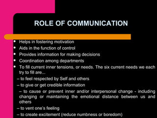 ROLE OF COMMUNICATION
 Helps in fostering motivation
 Aids in the function of control
 Provides information for making decisions
 Coordination among departments
 To fill current inner tensions, or needs. The six current needs we each
try to fill are...
– to feel respected by Self and others
– to give or get credible information
– to cause or prevent inner and/or interpersonal change - including
changing or maintaining the emotional distance between us and
others
– to vent one’s feeling
– to create excitement (reduce numbness or boredom)
 