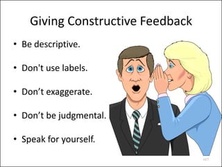 Giving Constructive Feedback
• Be descriptive.
• Don't use labels.

• Don’t exaggerate.
• Don’t be judgmental.
• Speak for yourself.
#17

 