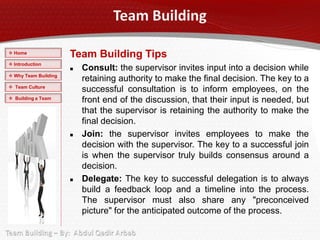  Home
                      Team Building Tips
 Introduction
                         Consult: the supervisor invites input into a decision while
 Why Team Building
                          retaining authority to make the final decision. The key to a
 Team Culture
                          successful consultation is to inform employees, on the
 Building a Team
                          front end of the discussion, that their input is needed, but
                          that the supervisor is retaining the authority to make the
                          final decision.
                         Join: the supervisor invites employees to make the
                          decision with the supervisor. The key to a successful join
                                 THANK YOU
                          is when the supervisor truly builds consensus around a
                          decision.
                         Delegate: The key to successful delegation is to always
                          build a feedback loop and a timeline into the process.
                          The supervisor must also share any "preconceived
                          picture" for the anticipated outcome of the process.
 