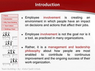  Home

 Introduction
                         Employee involvement is creating an
 Why Team Building       environment in which people have an impact
 Team Culture            on decisions and actions that affect their jobs.
 Building a Team



                         Employee involvement is not the goal nor is it
                          a tool, as practiced in many organizations.

                         Rather, it is a management and leadership
                          philosophy about how people are most
                          enabled     to  contribute to   continuous
                          improvement and the ongoing success of their
                          work organization.
 