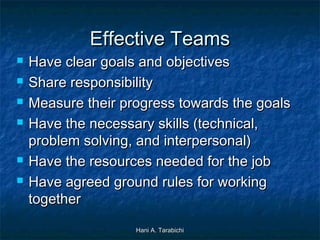 Effective Teams









Have clear goals and objectives
Share responsibility
Measure their progress towards the goa...