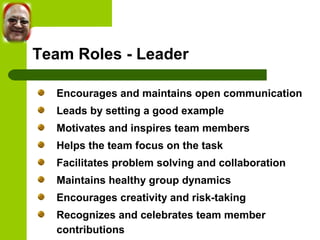 Team Roles - Leader 
Encourages and maintains open communication 
Leads by setting a good example 
Motivates and inspires team members 
Helps the team focus on the task 
Facilitates problem solving and collaboration 
Maintains healthy group dynamics 
Encourages creativity and risk-taking 
Recognizes and celebrates team member 
contributions 
 