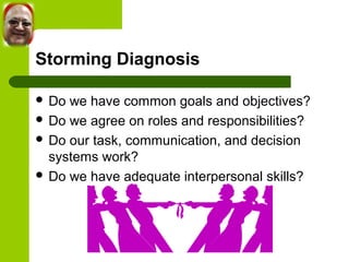 Storming Diagnosis 
 Do we have common goals and objectives? 
 Do we agree on roles and responsibilities? 
 Do our task, communication, and decision 
systems work? 
 Do we have adequate interpersonal skills? 
 