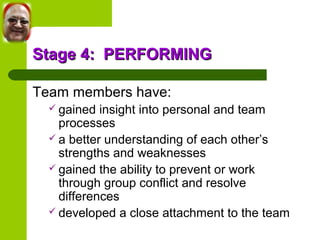 SSttaaggee 44:: PPEERRFFOORRMMIINNGG 
Team members have: 
 gained insight into personal and team 
processes 
 a better understanding of each other’s 
strengths and weaknesses 
 gained the ability to prevent or work 
through group conflict and resolve 
differences 
 developed a close attachment to the team 
 
