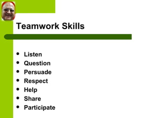 Teamwork Skills 
 Listen 
 Question 
 Persuade 
 Respect 
 Help 
 Share 
 Participate 
 