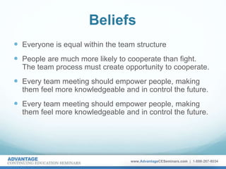 Beliefs
 Everyone is equal within the team structure
 People are much more likely to cooperate than fight.
The team process must create opportunity to cooperate.
 Every team meeting should empower people, making
them feel more knowledgeable and in control the future.
 Every team meeting should empower people, making
them feel more knowledgeable and in control the future.
 