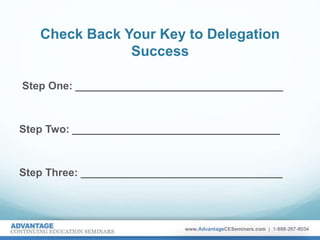 Check Back Your Key to Delegation
Success
Step One: ___________________________________
Step Two: ___________________________________
Step Three: __________________________________
 