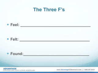 The Three F’s
 Feel: _________________________________
 Felt: _________________________________
 Found:_______________________________
 