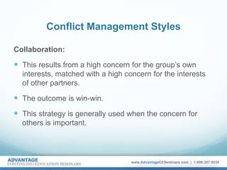 Conflict Management Styles
Collaboration:
 This results from a high concern for the group’s own
interests, matched with a high concern for the interests
of other partners.
 The outcome is win-win.
 This strategy is generally used when the concern for
others is important.
 