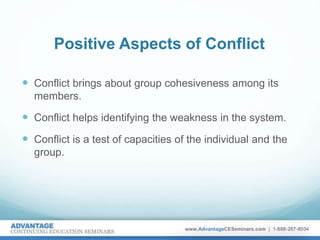Positive Aspects of Conflict
 Conflict brings about group cohesiveness among its
members.
 Conflict helps identifying the weakness in the system.
 Conflict is a test of capacities of the individual and the
group.
 