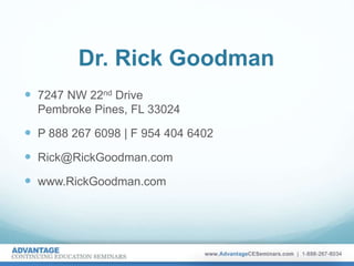Dr. Rick Goodman
 7247 NW 22nd Drive
Pembroke Pines, FL 33024
 P 888 267 6098 | F 954 404 6402
 Rick@RickGoodman.com
 www.RickGoodman.com
 
