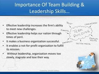 Importance Of Team Building &
Leadership Skills…
• Effective leadership increases the firm’s ability
to meet new challenge...