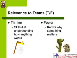 Relevance to Teams (T/F)
 Thinker
– Skillful at
understanding
how anything
works
 Feeler
– Knows why
something
matters
 