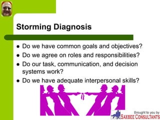 Storming Diagnosis
 Do we have common goals and objectives?
 Do we agree on roles and responsibilities?
 Do our task, communication, and decision
systems work?
 Do we have adequate interpersonal skills?
 
