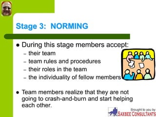 Stage 3: NORMING
 During this stage members accept:
– their team
– team rules and procedures
– their roles in the team
– the individuality of fellow members
 Team members realize that they are not
going to crash-and-burn and start helping
each other.
 