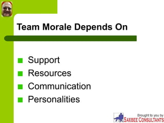 Team Morale Depends On
Support
Resources
Communication
Personalities
 