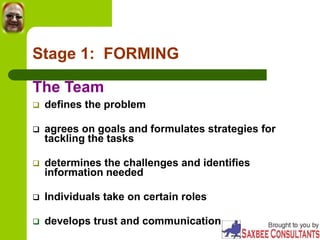 Stage 1: FORMING
The Team
 defines the problem
 agrees on goals and formulates strategies for
tackling the tasks
 determines the challenges and identifies
information needed
 Individuals take on certain roles
 develops trust and communication
 