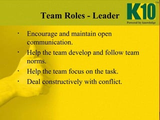 Team Roles - Leader
• Encourage and maintain open
communication.
• Help the team develop and follow team
norms.
• Help the team focus on the task.
• Deal constructively with conflict.
 