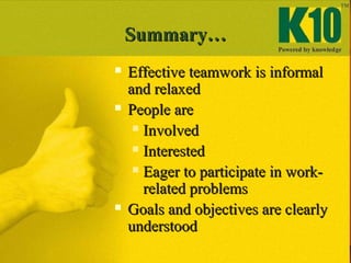 Summary…Summary…
 Effective teamwork is informalEffective teamwork is informal
and relaxedand relaxed
 People arePeople are
 InvolvedInvolved
 InterestedInterested
 Eager to participate in work-Eager to participate in work-
related problemsrelated problems
 Goals and objectives are clearlyGoals and objectives are clearly
understoodunderstood
 