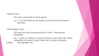 Quality Circle
This team is dedicated to check quality.
e.g. : In all the Industries the quality circle are formed to improve
processes.
Self-Managed Team
This team has total autonomy during it’s work , Planning and
Scheduling.
e.g. : a team of students or artists entering for the Indian folk dance
competition will have to select Indian folk , practice schedules ,
suitable choreographer etc.
 