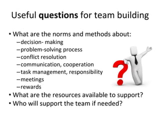 Useful questions for team building
• What are the norms and methods about:
–decision- making
–problem-solving process
–conflict resolution
–communication, cooperation
–task management, responsibility
–meetings
–rewards
• What are the resources available to support?
• Who will support the team if needed?
 