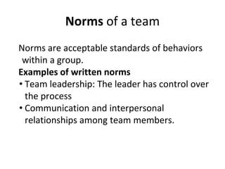 Norms of a team
Norms are acceptable standards of behaviors
within a group.
Examples of written norms
• Team leadership: The leader has control over
the process
• Communication and interpersonal
relationships among team members.
 