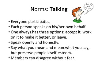 Norms: Talking
• Everyone participates.
• Each person speaks on his/her own behalf
• One always has three options: accept it, work
on it to make it better, or leave.
• Speak openly and honestly.
• Say what you mean and mean what you say,
but preserve people's self-esteem.
• Members can disagree without fear.
 