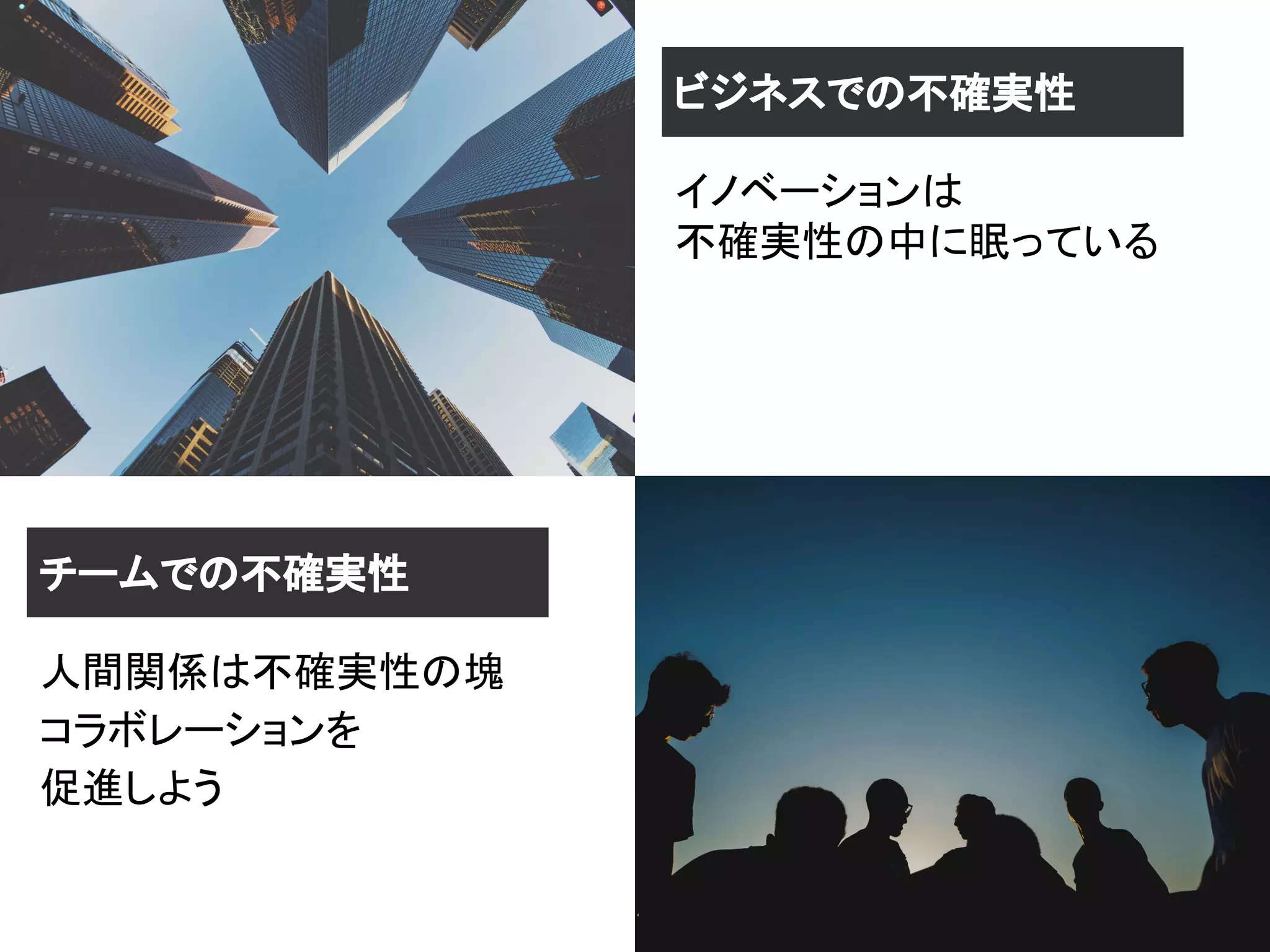 ビジネスでの不確実性
イノベーションは
不確実性の中に眠っている
チームでの不確実性
人間関係は不確実性の塊
コラボレーションを
促進しよう
 