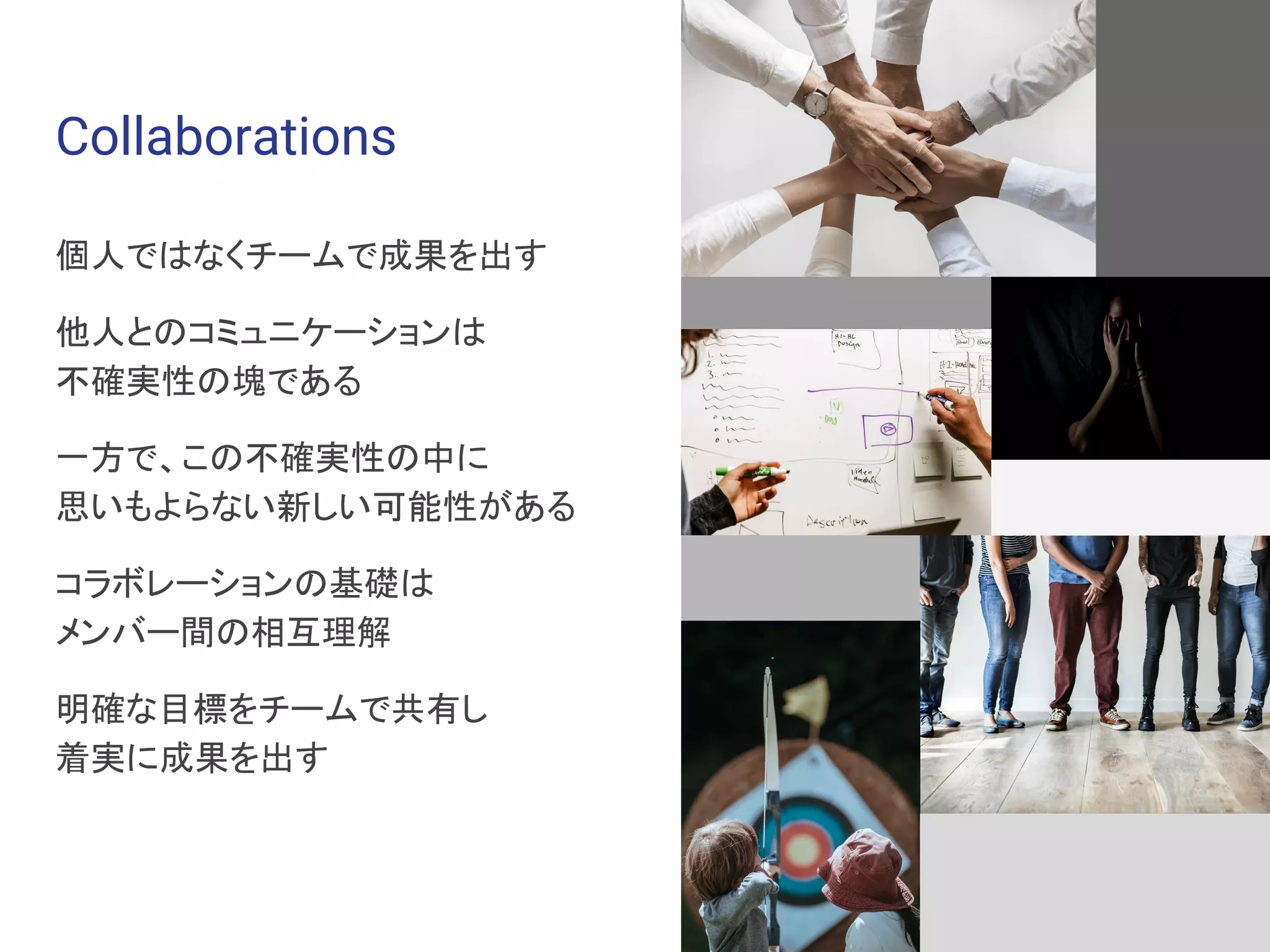個人ではなくチームで成果を出す
他人とのコミュニケーションは
不確実性の塊である
一方で、この不確実性の中に
思いもよらない新しい可能性がある
コラボレーションの基礎は
メンバー間の相互理解
明確な目標をチームで共有し
着実に成果を出す
Collaborations
 
