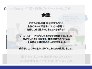 Case Study: 企業・行政のペーパーレス化
電子化されたことで、
便利になった気がする
…？ホントに…？
電子化すること自体が目的となっていた
不確実性は多い上で失敗したシステム化
余談
このテイストの違う２枚のスライドは
全体のテーマが定まっていない状態で
先行して作り込んでしまったスライドです
リーン・スタートアップという点で２つの失敗を犯しました
・MVPという考えに反する、構想段階での作り込み
・全体的な目標を定めないままのスタート　　　　
戒めとして、この２枚のスライドはそのまま使用しました。
 
