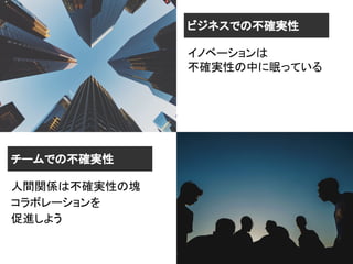 ビジネスでの不確実性
イノベーションは
不確実性の中に眠っている
チームでの不確実性
人間関係は不確実性の塊
コラボレーションを
促進しよう
 