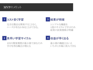 MVPのメリット
コスト安く学習
完全な製品を開発することなく、
ニーズが有るか知ることができる。
結果が明確
シンプルな機能を
１度のサイクルで学ぶため
結果の因果関係が明確
素早い学習サイクル
１回の開発期間が最小限で済むため
学びを得る機会が増える
収益が早く出る
最小限の機能とはいえ
いち早く市場に投入できる
1
2
3
4
 