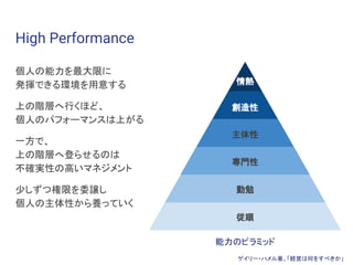 個人の能力を最大限に
発揮できる環境を用意する
上の階層へ行くほど、
個人のパフォーマンスは上がる
一方で、
上の階層へ登らせるのは
不確実性の高いマネジメント
少しずつ権限を委譲し
個人の主体性から養っていく
High Performance
従順
勤勉
専門性
主体性
創造性
情熱
ゲイリー・ハメル著、「経営は何をすべきか」
能力のピラミッド
 