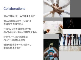 個人ではなくチームで成果を出す
他人とのコミュニケーションは
不確実性の塊である
一方で、この不確実性の中に
思いもよらない新しい可能性がある
コラボレーションの基礎は
メンバー間の相互理解
明確な目標をチームで共有し
着実に成果を出す
Collaborations
 