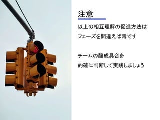 注意
以上の相互理解の促進方法は
フェーズを間違えば毒です
チームの醸成具合を
的確に判断して実践しましょう
 