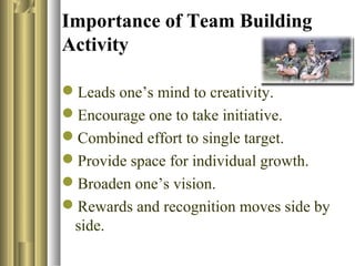Importance of Team Building
Activity
Leads one’s mind to creativity.
Encourage one to take initiative.
Combined effort to single target.
Provide space for individual growth.
Broaden one’s vision.
Rewards and recognition moves side by
side.
 