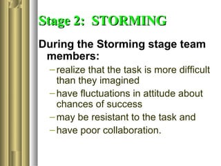 Stage 2: STORMINGStage 2: STORMING
During the Storming stage team
members:
–realize that the task is more difficult
than they imagined
–have fluctuations in attitude about
chances of success
–may be resistant to the task and
–have poor collaboration.
 