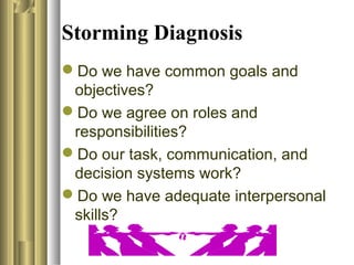 Storming Diagnosis
Do we have common goals and
objectives?
Do we agree on roles and
responsibilities?
Do our task, communication, and
decision systems work?
Do we have adequate interpersonal
skills?
 